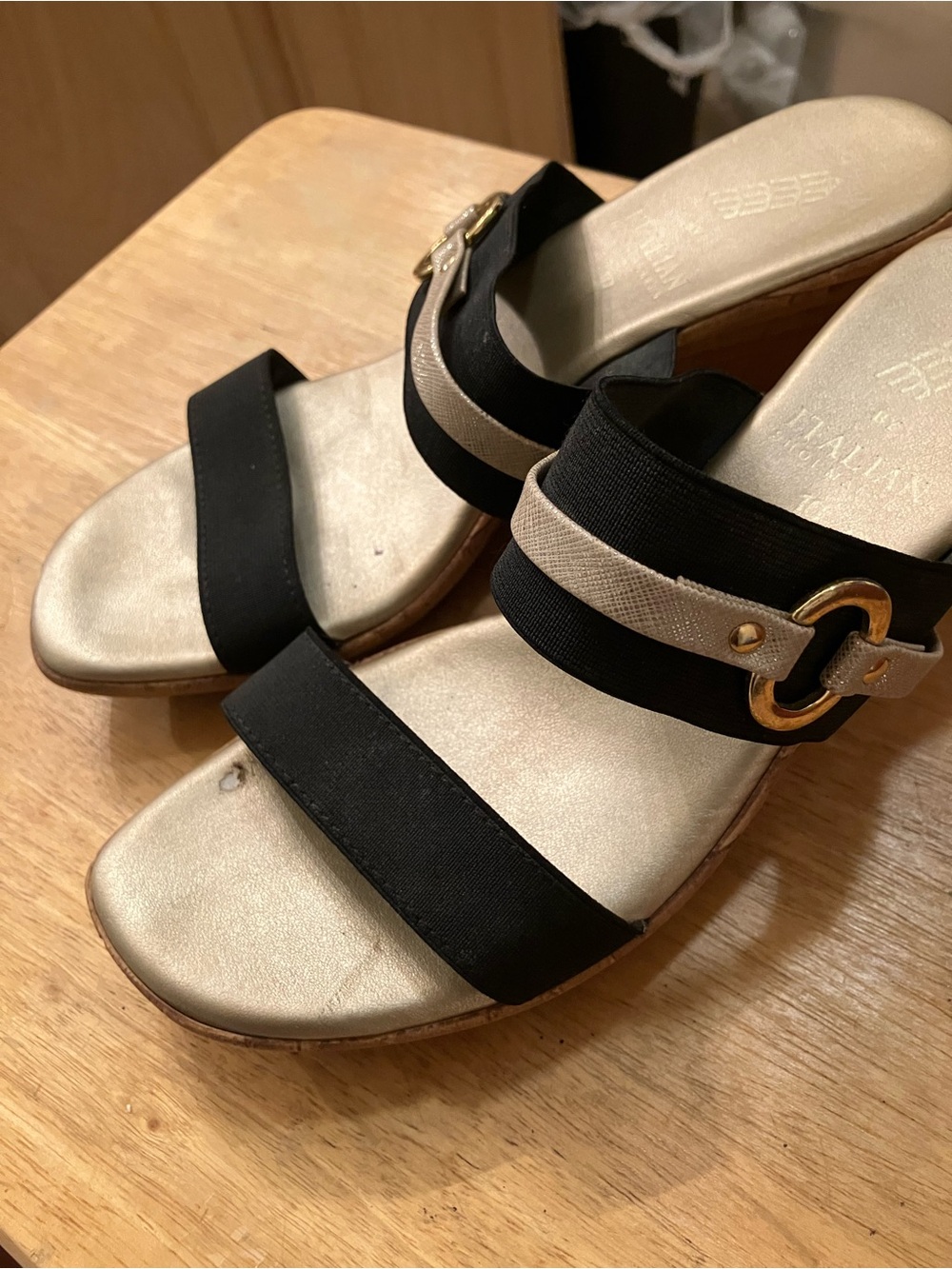 Italian Shoemakers Black and Gold Wedge Slide Mules